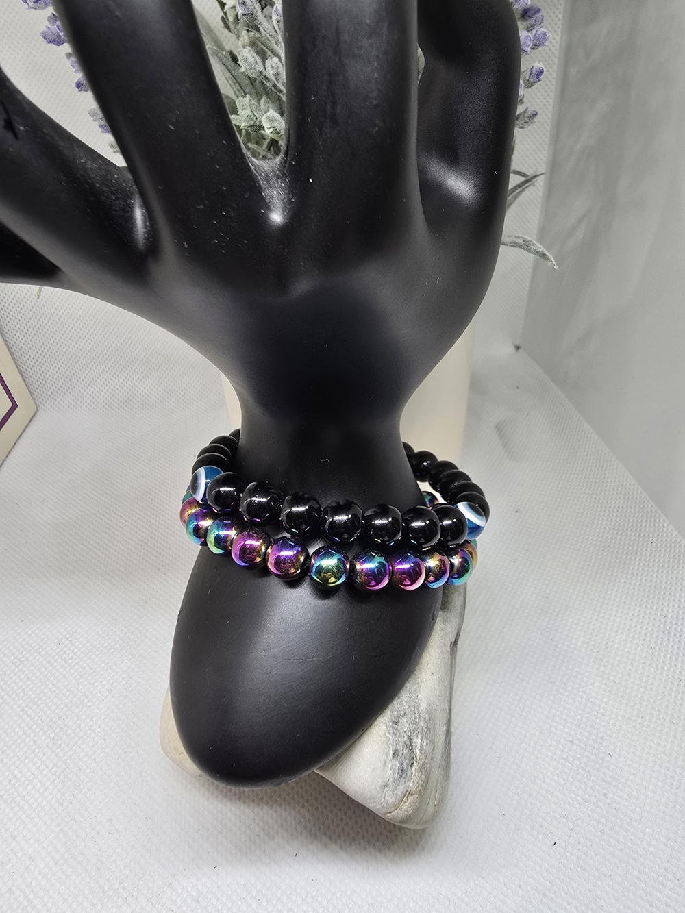 Rainbow Aura Hematite and Black Obsidian Beaded Stretch Bracelet Set